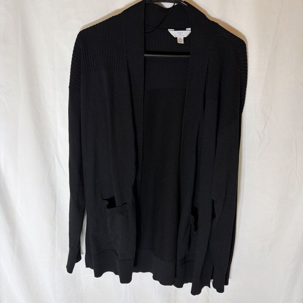 Time and Tru Womens XL Black Open Front Cardigan Ribbed Hem Split Back Pocket